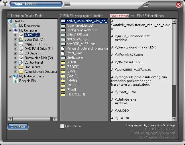 Cara Memunculkan File folder Yang Terhidden Dengan Shinaga Unhide