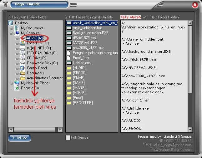 Cara Memunculkan File folder Yang Terhidden Dengan Shinaga Unhide 2