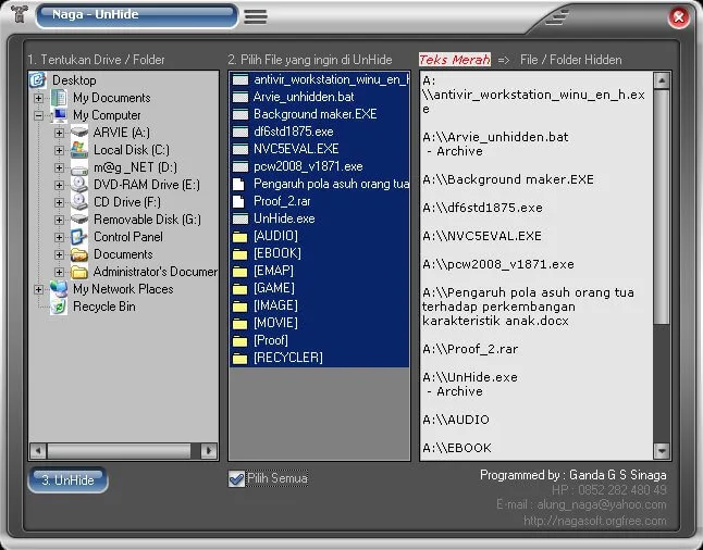 Cara Memunculkan File folder Yang Terhidden Dengan Shinaga Unhide 3